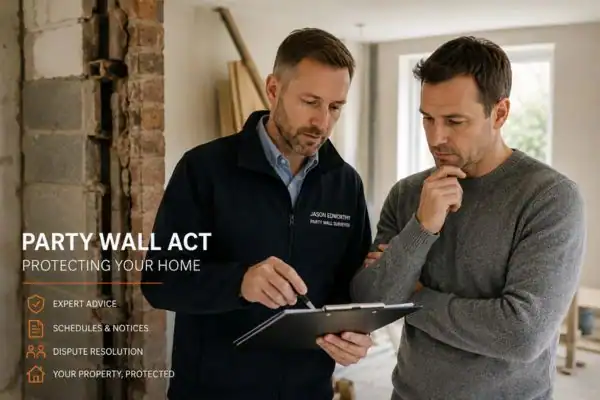 Party wall surveyor Royal Leamington Spa discussing extension plans with homeowner outside a UK semi-detached house.